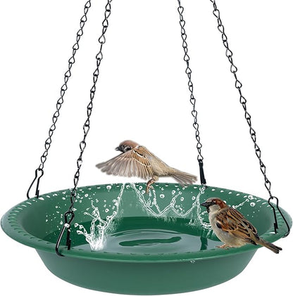 OVZILKI Bird Baths for Outdoors Heavy Duty, 16 inch BirdBath Bowl Only with Rust-Proof Black Chains, Hanging Bird Bath Hanging Bird-Feeder for Garden Backyard Decor (Green 1 Pack)