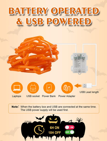 BEEWIN Halloween Decorations Chain Lights,10.4 Ft 175 LED Plastic Chain String Lights Battery Operated and USB,8 Lighting Modes Orange Light with Timer for Halloween Skeleton Dog Party Spooky Outdoor