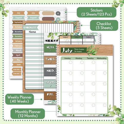 Fuyoooo Eucalyptus Teacher Planner Undated Academic Year Teacher Lesson Planner Book Green Plants Daily Weekly Monthly Spiral Planner Checklist Organizer with Stickers for Classroom, 8.5'' x 11''