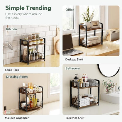 Simple Trending Countertop Shelf Organizer, 2 Tier Kitchen Spice Rack, Coffee Bar Station Storage, for Kitchen Cabinet Bathroom Living Room, Brown, M