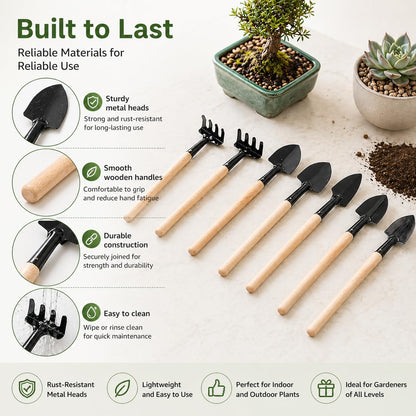 Garneck 8 Sets Mini Gardening Tools with Metal Rake Trowel and Shovel - Succulent Potting Planting Kit for Indoor - Small Gardening Tools for Cultivating Weeding Transplanting
