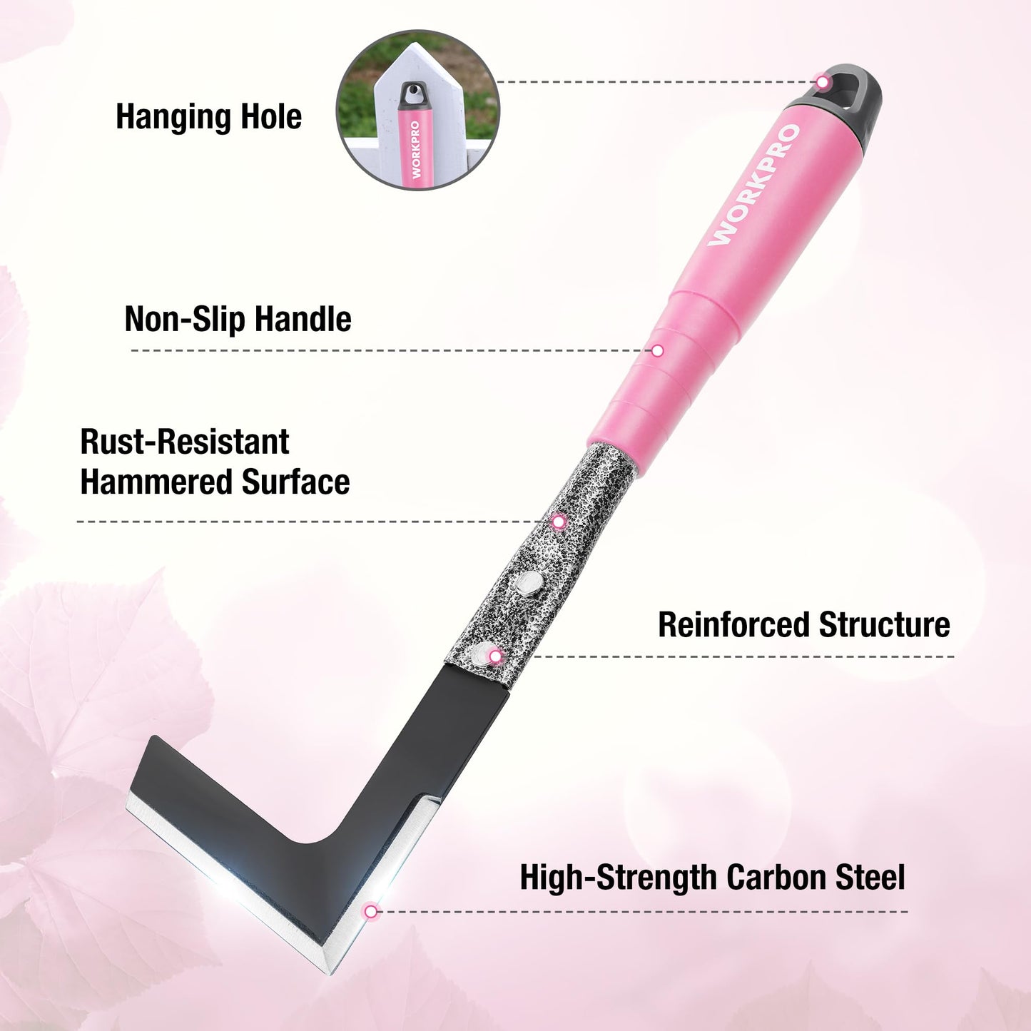WORKPRO 6-Piece Pink Garden Tool Set, Heavy Duty Gardening Hand Tools with Soft Rubber Handle, Including Trowel, Rakes, 2-in-1 Hoe and Crack Weeder, Ideal Gardening Gifts for Men and Women