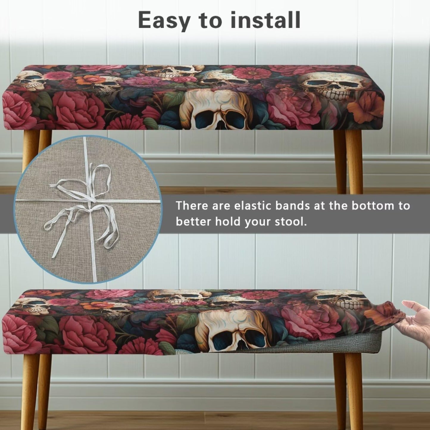 BYOXPUVI Skull Peony Pattern Bench Cover Slipcover,Halloween Decorative Removable Bench Chair Covers Stretch Seat Cushion Protector