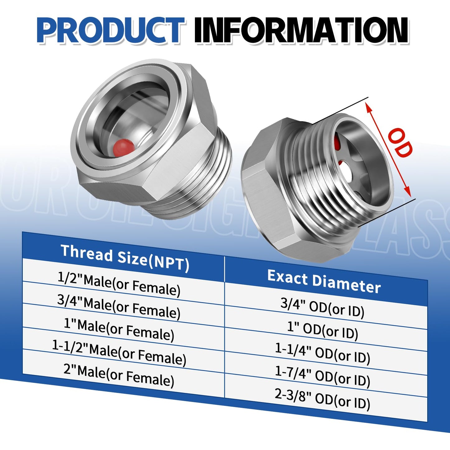 Boltigen 1-1/2'' NPT Male Hex Head Stainless Steel Oil Sight Glass, Liquid Level Gauge Oil Indicator Window for Air Compressor Gearbox Fittings Hydraulic Tank (1-1/2'' NPT Male)
