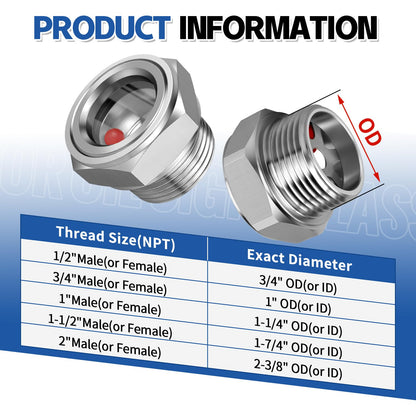 Boltigen 1-1/2'' NPT Male Hex Head Stainless Steel Oil Sight Glass, Liquid Level Gauge Oil Indicator Window for Air Compressor Gearbox Fittings Hydraulic Tank (1-1/2'' NPT Male)