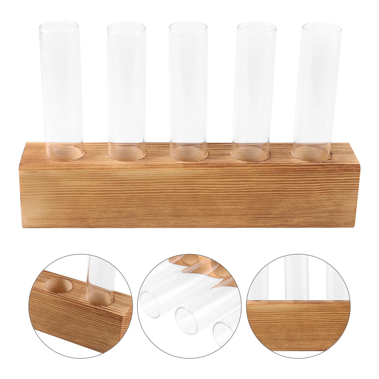 BESPORTBLE Hydroponic Glass Vase with 5-Hole Wooden Stand, Indoor Plant Terrarium for Desktop Decor and Air Plant Propagation, Creative Home Garden Holder