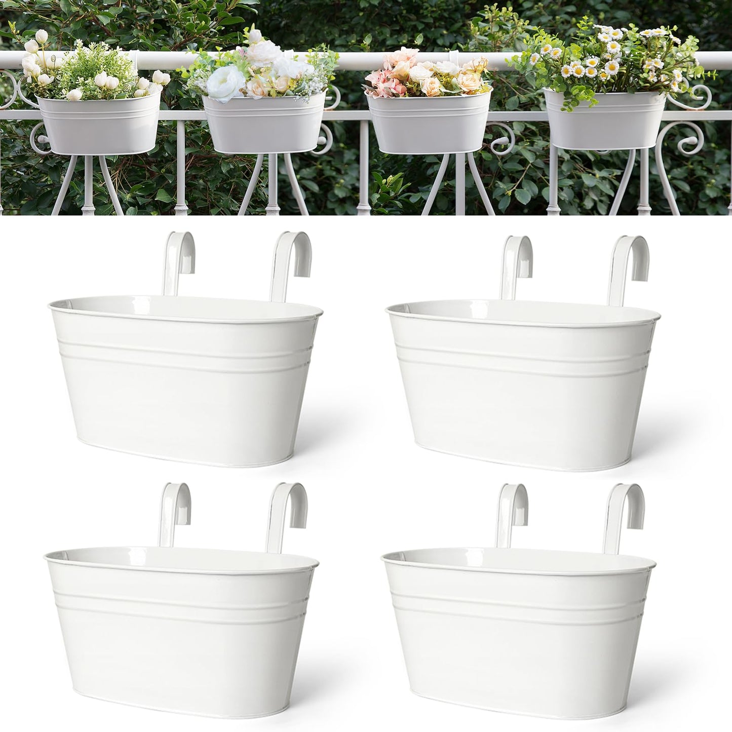 Dahey 10.5 Inch Metal Iron Hanging Flower Pots for Railing Fence Hanging Bucket Pots Countryside Style Outdoor Planter Window Flower Plant Holder with Detachable Hooks Home Decor,White,4 Pcs