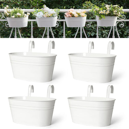 Dahey 10.5 Inch Metal Iron Hanging Flower Pots for Railing Fence Hanging Bucket Pots Countryside Style Outdoor Planter Window Flower Plant Holder with Detachable Hooks Home Decor,White,4 Pcs