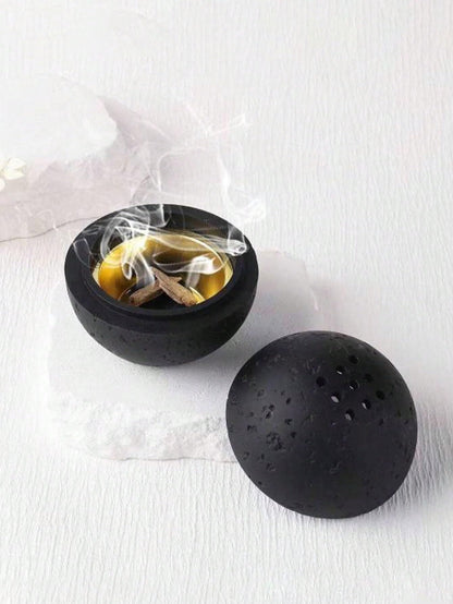 HUZHIBING 9 Holes Handmade Round Incense Resin Burner Holde, Minimalist Sphere Incense Frankincense Burner, Ravertine Incense Cone Holder for Yoga Meditation Spa Reading (Black)