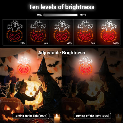Halloween Pumpkin Neon Sign Decor Indoor, Ghost Halloween Window Lights Decorations LED Neon Sings for Wall Decor (Ghost Pumpkin)