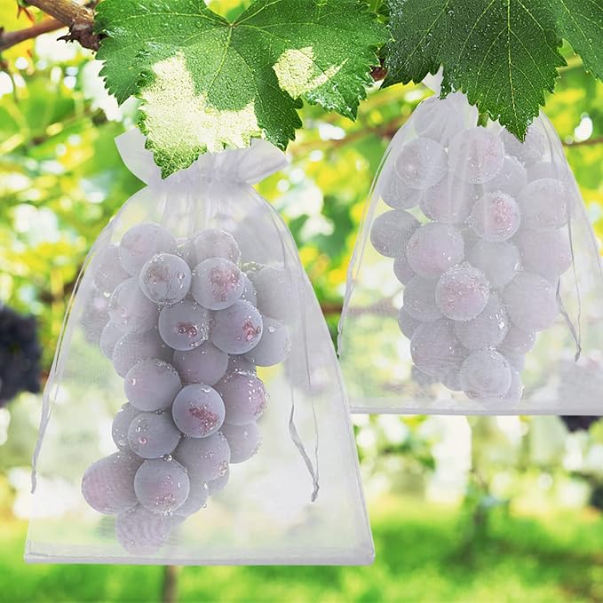 50 Pcs White Fruit Netting Bags - 6x9" Mesh Bags with Drawstring for Grapes, Mango, Veggies