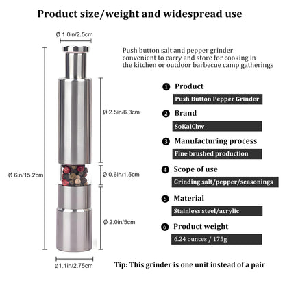 One handed seasoning spice mill gadgets, push button salt and pepper grinder, Solid Stainless, 1 Pcs or Buy more, silver