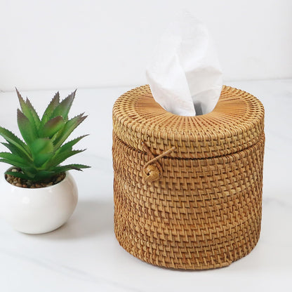 Risbay 1PCS Rattan Round Tissue Box Cover Tissue Box Holder Decorative Woven Facial Tissue Holder
