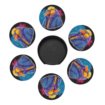 BOXIMIAO Drink Coasters with Holder Stand Set of 6, Cute Cyberpunk Duck Pu Leather Absorbent Coasters with Cork Base Table Coaster Round Coasters for Housewarming Apartment Kitchen Bar Decor