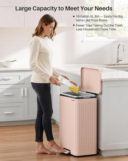 Lovewind 60 Liter/ 16 Gallon Stainless Steel Trash Can with Soft-Close Lid, Large Footstep Garbage Can with Roman Texture, Removable Inner Buckets, Recycling Bin for Kitchen Office, Pink