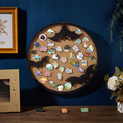 BENECREAT Round Cork Boards, Bats Pin Display Board, 11.8x0.7inch Bulletin Board Brooch Jewelry Display Cork Tray for Brooch Pin Storage, Halloween Decor