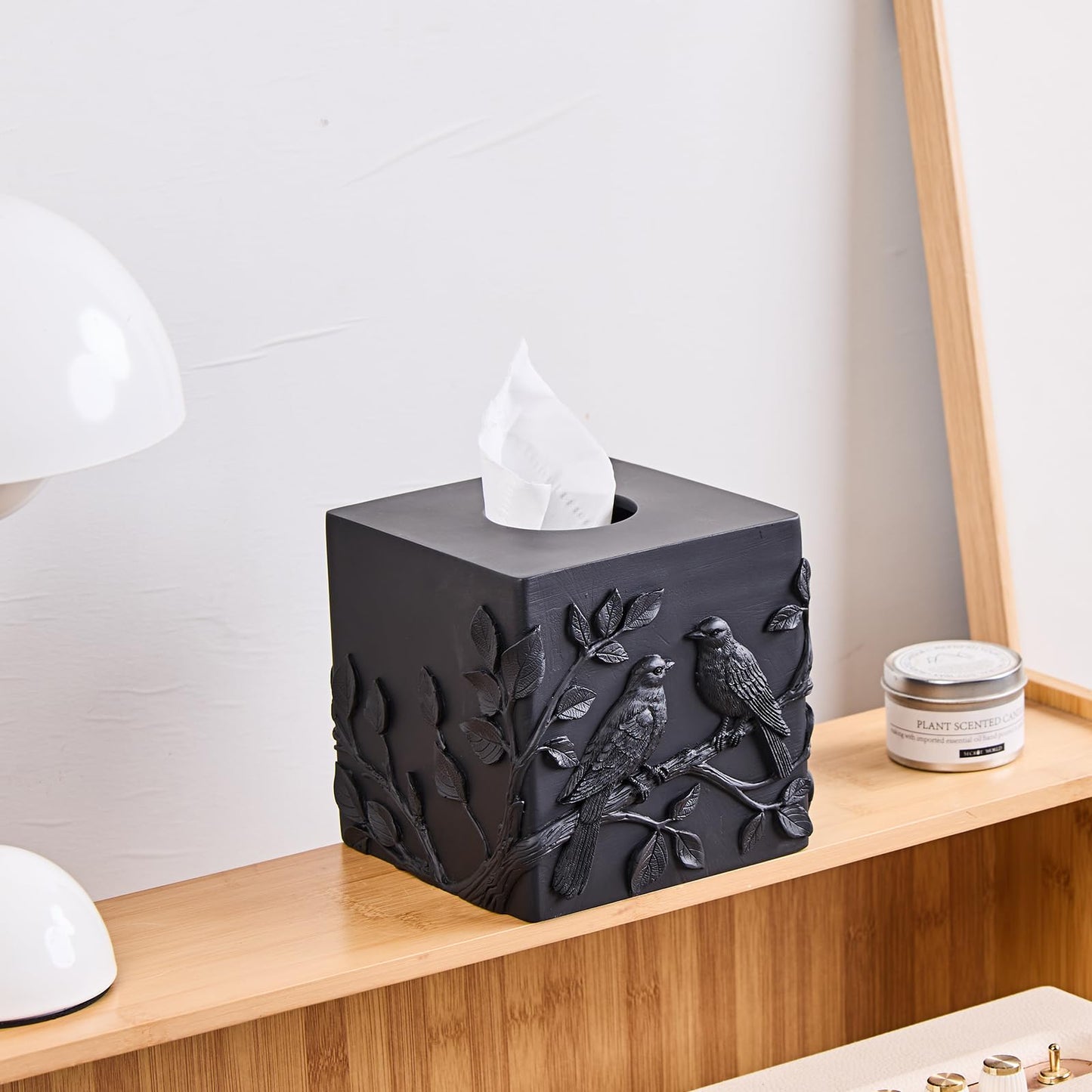 Black Marble Relief Birds Square Tissue Box Cover Decorative,Resin Heavy Sturdy Tissue Box Holder, Facial Paper Holder for Bathroom Vanity Countertop, Bedroom Night Stand,Office and End Table