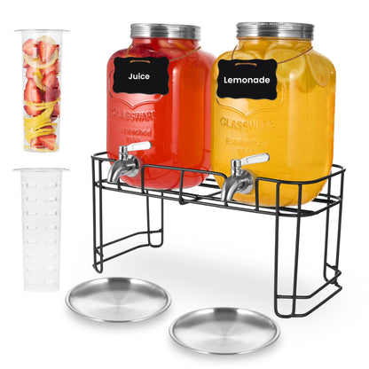 Drink Dispenser, 2 Pack 1 Gallon Glass Drink Dispensers For Parties,Beverage Dispenser, Glass Drink Dispenser With Stand And Spigot (Stainless Steel Spigot)