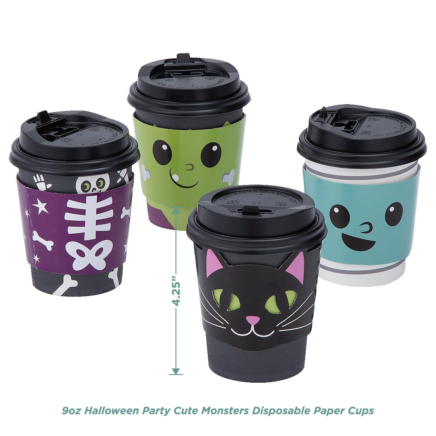 HOME & HOOPLA Halloween Party Cute Monster Disposable Hot Chocolate & Cider Cups With Lids and Scalloped Spider Web Beverage Napkins, 9 Ounce Size (Serves 12)