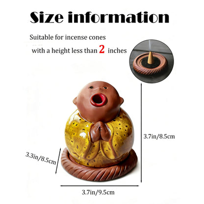 Ceramic Little Monk Incense Burner for Cones & Sticks, Cute Buddha Incense Holder with Mouth Smoke Effect, Zen Home Decor Meditation Gifts