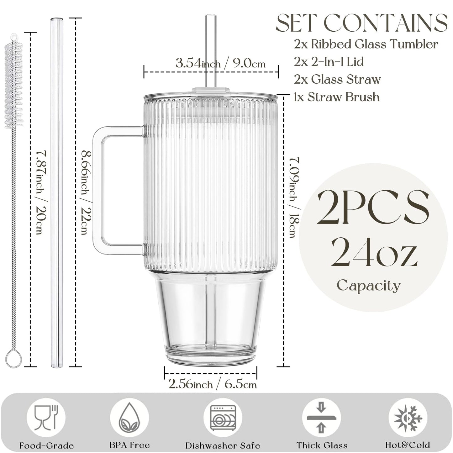 KEMORELA 24oz Ribbed Glass Cups with Lids and Straws,Glass Tumbler with Handle,2 set–Reusable Glass Ice Coffee Cups with Lid and Straw for Smoothies,Tea,Juice,Boba Cup for Cold & Hot Drinks,Travel Cup