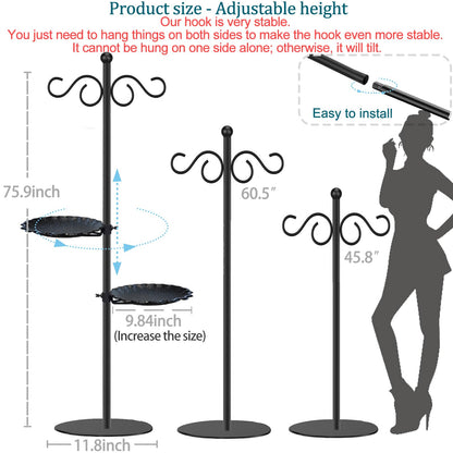 Upgraded 74" Shepherd's Hook for Bird Feeder，Floor Hanging Plant，Wind Chime Stand, Waterproof Metal & Adjustable-Height Standing Pole Holder for Lantern and Wreath, Indoor & Outdoor（2 Placement Racks)