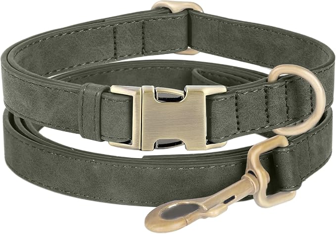 Genuine Leather Dog Collar - Adjustable Pet Collar with Quick Release Metal Buckle, Soft Skin Friendly Real Leather Collar for Small, Medium, Large Dogs (Dark Green Collar + Rope, L：Fit 15-23" Neck)