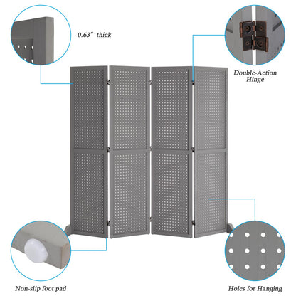 Bonnlo 4 Panel Pegboard Freestanding, 5 FT Portable Display Board Organizer for Craft Show Jewelry, Wooden Folding Privacy Screen Room Divider (with Base, Grey)