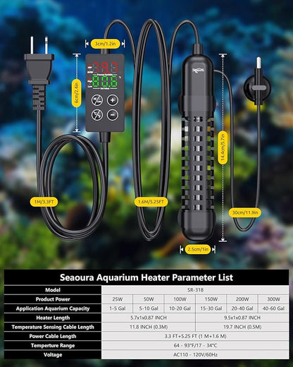 SEAOURA Small Aquarium Heater, 25W Mini Fish Tank Heater 1-5 Gallon Tank, Adjustable Turtle and Betta Heater with LED External Controller for Freshwater Saltwater