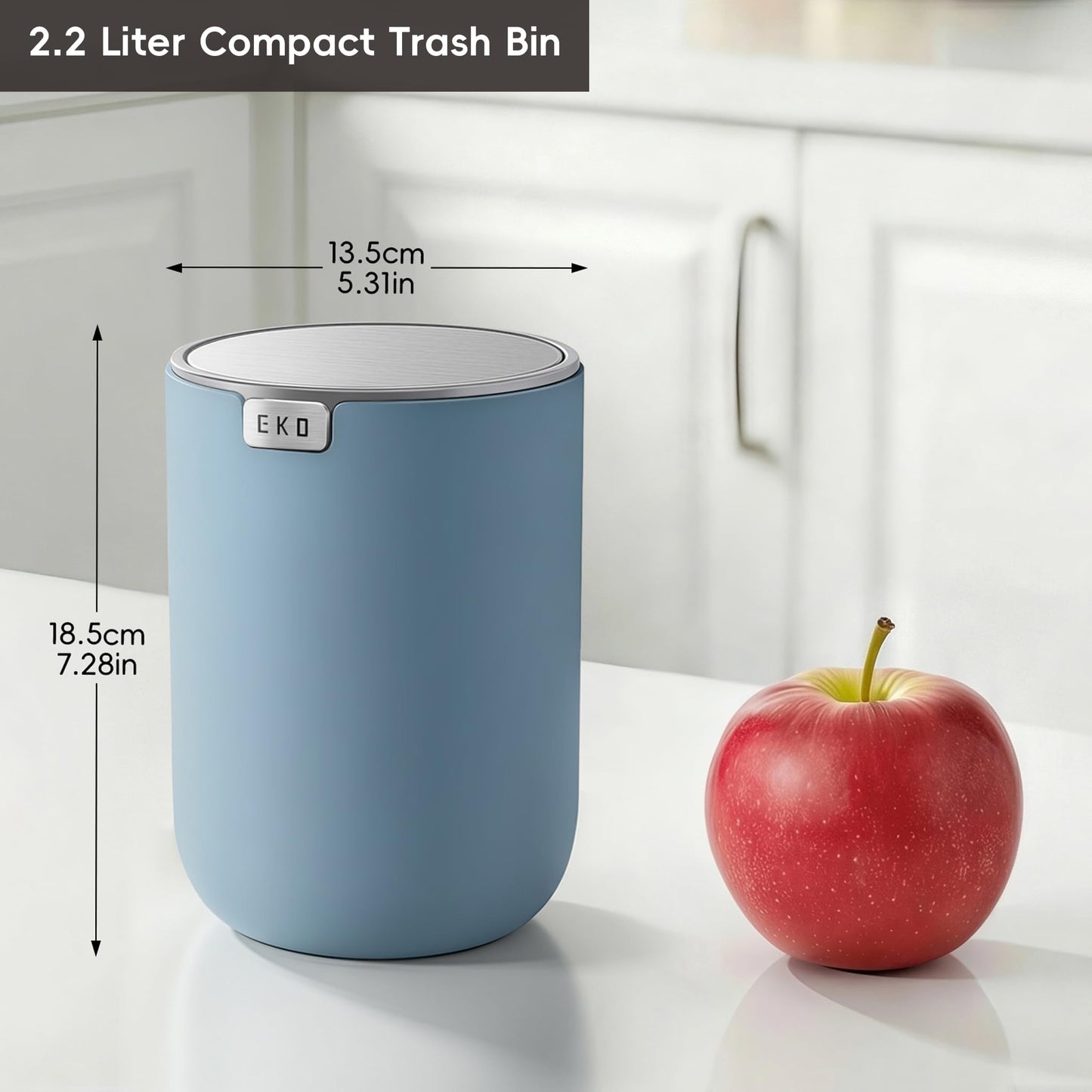 EKO Fandy 0.58 Gal/2.2L Mini Trash Can with Lid, Swing-Top Desktop Trash Can for Bathroom, Countertop, Vanity, Desk or Office, Small Garbage Bin (Blue)