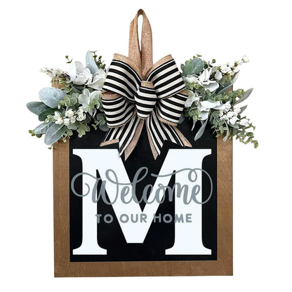 Last Name All Year Round Front Door Wreath with 26 Initial Letter Welcome Sign All Seasons Eucalyptus Garland and Bow ，Farmhouse, Porch, for Spring Summer Fall All Seasons Holiday Halloween Christmas. (M)