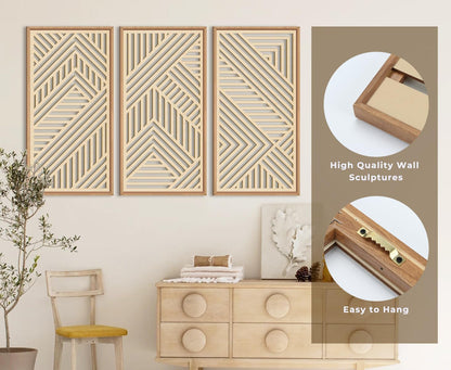 IARTTOP Large Boho Wooden Wall Art 16x32 Inch Framed Mid century Modern Wood Wall Decor Minimalist Modern Bohemian Decor for Dining Room Living Room Bedroom Set of 3