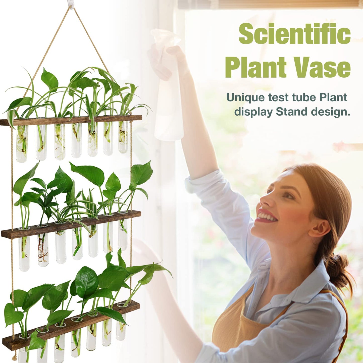 XXXFLOWER Wall Hanging Propagation Station with Wooden Stand 21 Glass Test Tubes 3 Tiers Planters Wall Terrarium for Home Office Plant Hanger Flower Vases Wall Decor Hydroponic Cuttings