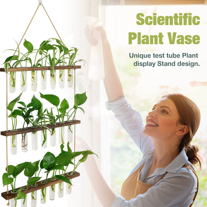 XXXFLOWER Wall Hanging Propagation Station with Wooden Stand 21 Glass Test Tubes 3 Tiers Planters Wall Terrarium for Home Office Plant Hanger Flower Vases Wall Decor Hydroponic Cuttings