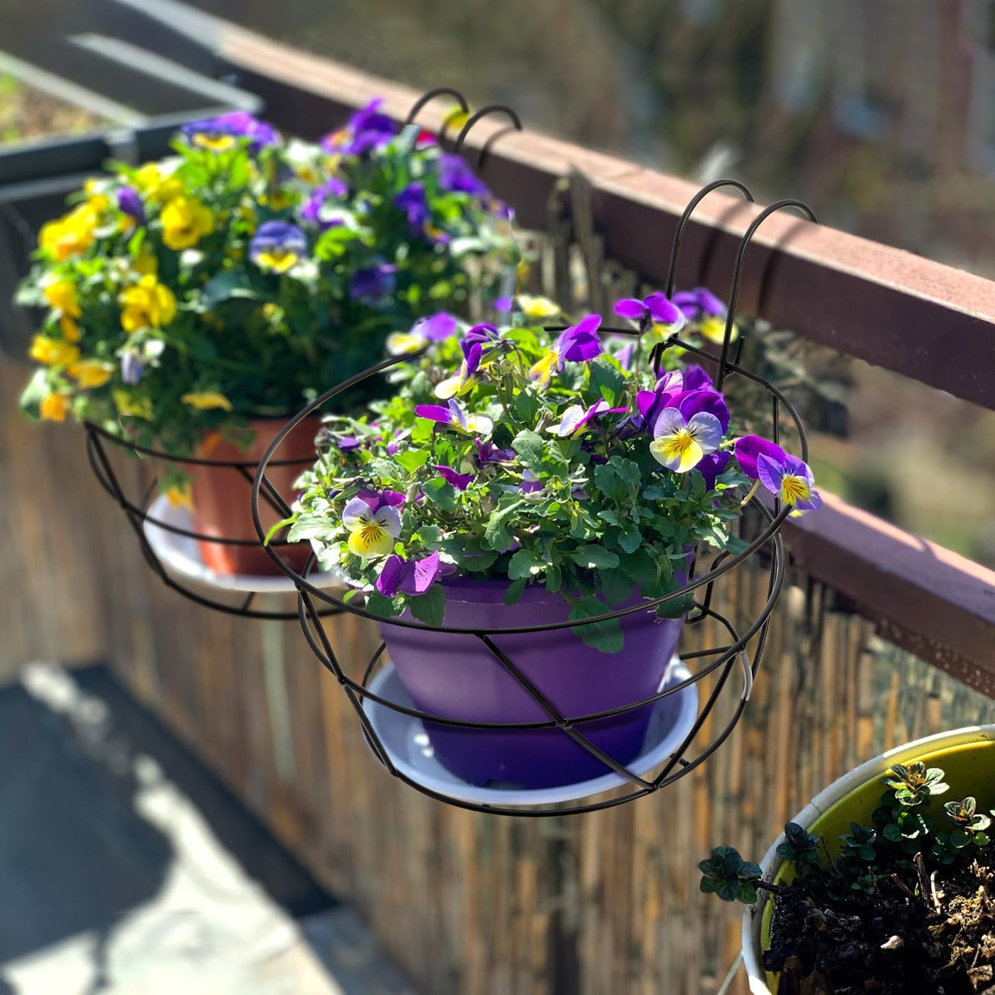 Pumtus 3 Pack Railing Planter Holders, 10'' Round Iron Hanging Fence Pot Basket, Over The Rail Indoor Outdoor Plant Hanger Rack, Black Balcony Flower Stand Shelf for Porch, Railing, Patio, Garden