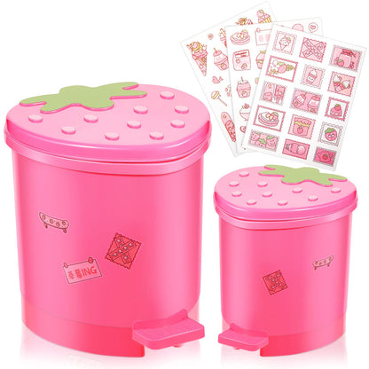 Tessco for you 2 Pieces Strawberry Desk Trash Can Cute Mini Countertop Trash Can with Lid Kawaii Small Garbage Plastic Waste Bin with Sticker for Car Office Home Bedroom Bathroom Kitchen Decor(Pink)