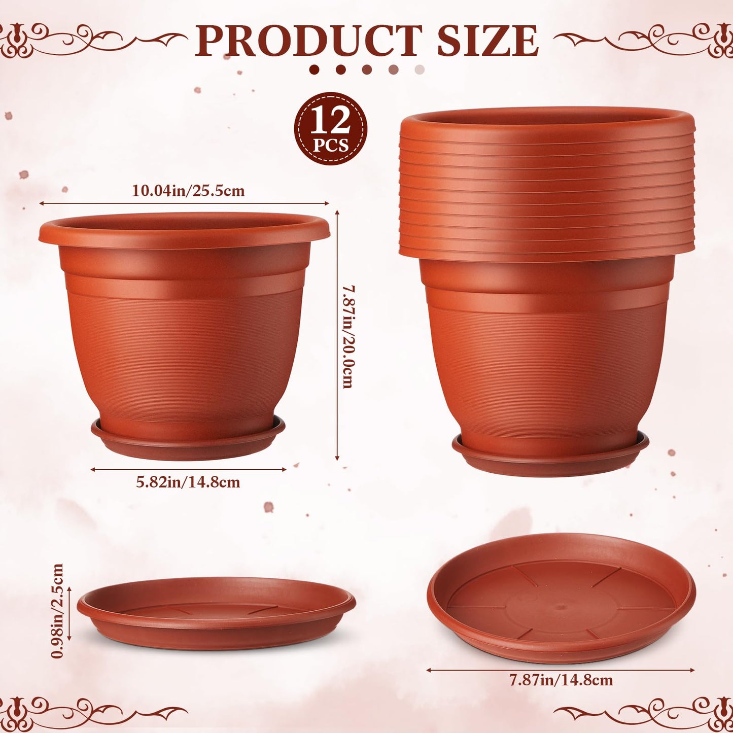 Sunnychicc 12 Pack 10'' Plastic Plant Pots Round Planter Pots with Saucer Tray Seedling Pots with Holes Seed Resin Plant Pot Starting Nursery Flower Container with Pallet for Garden Outdoor Indoor