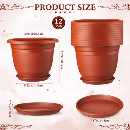 Sunnychicc 12 Pack 10'' Plastic Plant Pots Round Planter Pots with Saucer Tray Seedling Pots with Holes Seed Resin Plant Pot Starting Nursery Flower Container with Pallet for Garden Outdoor Indoor