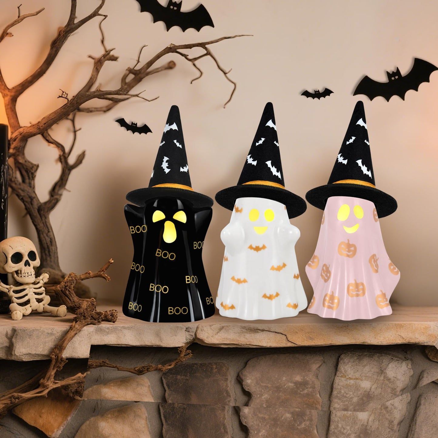 Byrita Halloween Decorations Indoor, Set of 3 Ceramic Halloween Ghosts with Witch Hats, Cute Spooky Lighted Decor Ghost Figurines Witch Hat Scary Pumpkin Bats Boo for Home Mantel Shelf Table Decor