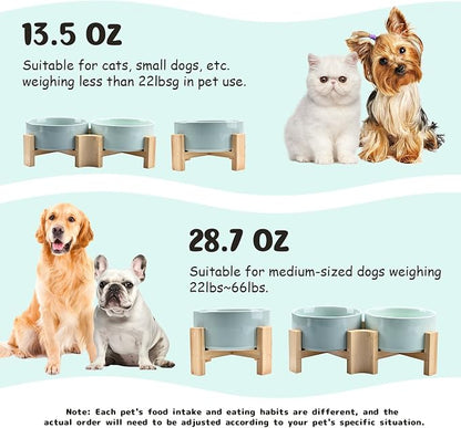 SPUNKYJUNKY 15° Slanted Ceramic Dog and Cat Bowl with Wooden Stand, Tilted Bulldog Food and Water Bowl No Slip Non-Spill for Cats Medium Dogs Big Face Pets 28.7 OZ (3.6 Cups, Morandi Green)