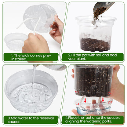 MIXC 12 Packs 6.5 Inch Self Watering Pots for Indoor Plants - Clear Nursery Plant Pots with Drainage, Deep Visible Reservoir - Flower Planter Outdoor with Wicking Rope