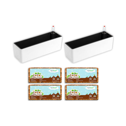 LaLaGreen Bundle - 2 Pack, 16 Inch White Self Watering Planter Box for Indoor Plant + 4 Pack, 500g Coconut Coir Chips for Plants Herb Garden Seedling Outdoor Planting Soil Vegetable Flower Orchids