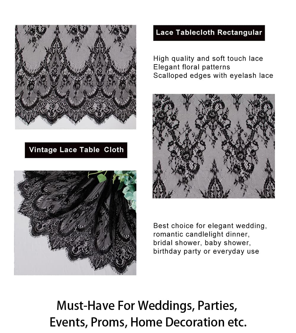 ShinyBeauty Lace Tablecloth Rectangle 60''x120'' Black Lace Party Tablecloth Rustic Floral Lace Table Cloth Vintage Lace Overlays Tea Party Tablecloth Lace Fabric Table Cover Embroidered Lace Table