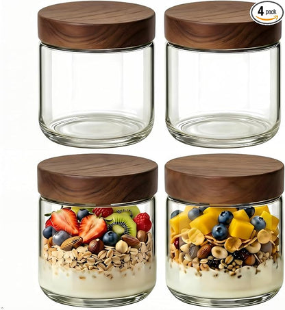 8oz 4 Pack Overnight Oats Containers with Lids, Glass Mason Jars with Acacia Wood Airtight Lids, Wide Mouth Meal Prep Storage Jars for Oats, Chia Pudding, Salad, Parfait, Snacks, Spice