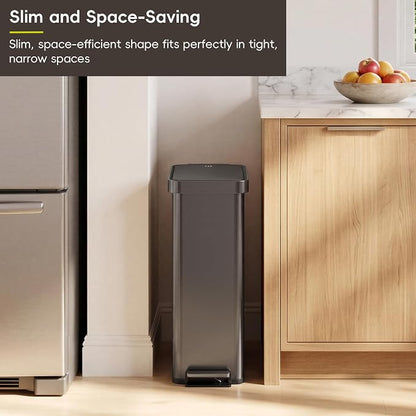 EKO Hudson Slim Trash Can with Lid, 13 Gal Stainless Steel, Gunmetal Gray | Kitchen, step pedal, soft close lid, stay-open frame, secure liner ring, rear handle