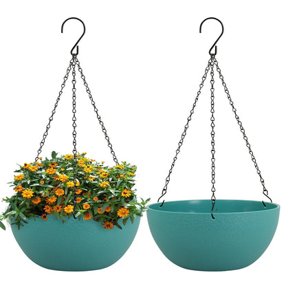 WSMKSZ 10 inch Hanging Planters for Outdoor Indoor Plants with Drainage Holes and Chain, 2 Pack Round Hanging Flower Pots for Garden Home Porch Decor, Blue Green