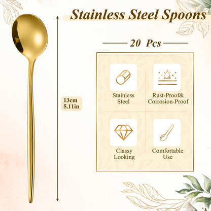 Dandat 20 Pcs 5.1 Inch Coffee Spoons, Gold Stainless Steel Teaspoons, Mini Dessert Spoons for Stirring Coffee Sugar Drink Kitchen Cafe Bar Wedding Tableware