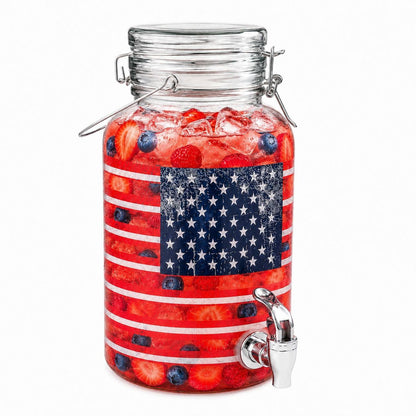 1 Gallon Glass Drink Dispenser with Spigot – 250 anniversary American Flag Beverage Dispenser, Leak-Proof, Airtight Lid, Large Mouth, Perfect for Parties, BBQs, Indoor & Outdoor Use, Hand Wash Only.