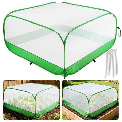 Pop Up Garden Netting for Square Raised Beds - 4'L x 4'W x 2'H Ultra Fine Mesh Net Plant Cover with 8 Stakes, Protection for Vegetables Fruit from Birds Pests