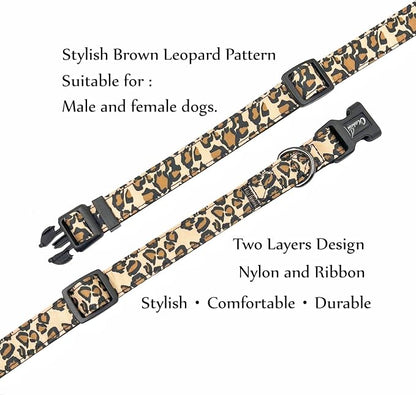 Dog Collar Leash Set, Leopard Pattern, Nylon Webbing Plus Cotton Ribbon, 5ft Matching Leash, for Large Dogs.(L, Brown Leopard)